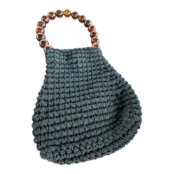 Jean Betancourt New York Accessories - Vintage Black Knotted Handbag With Plastic Tortoise Shell Bead Handles